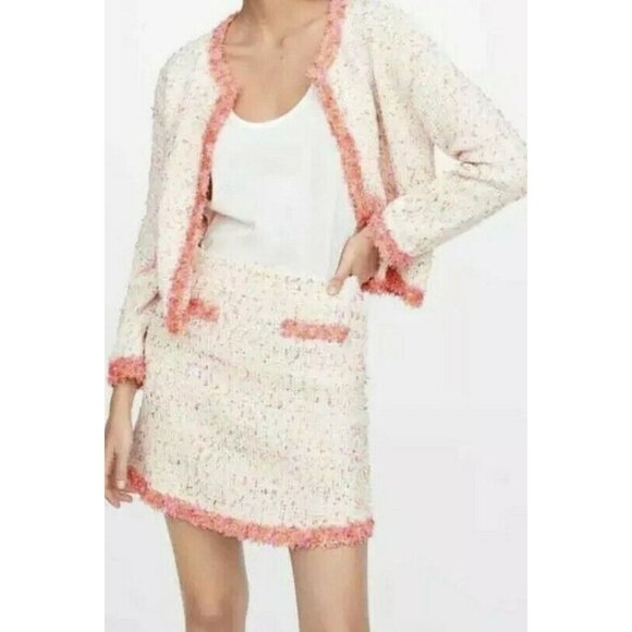 ZARA Women's Outfit 3 Pcs White & Neon Pink Tweed Frayed Trim Small Blazer Dress - Picture 1 of 12